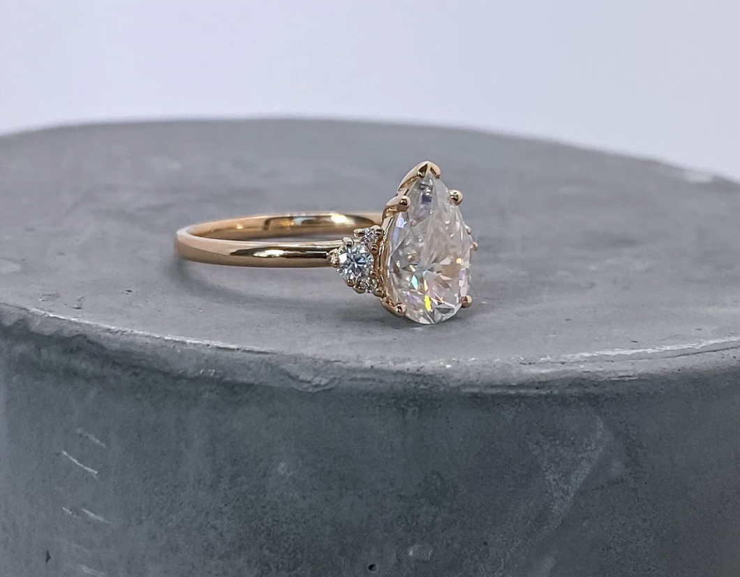 Tri Stone Teardrop Ring- Moissanite